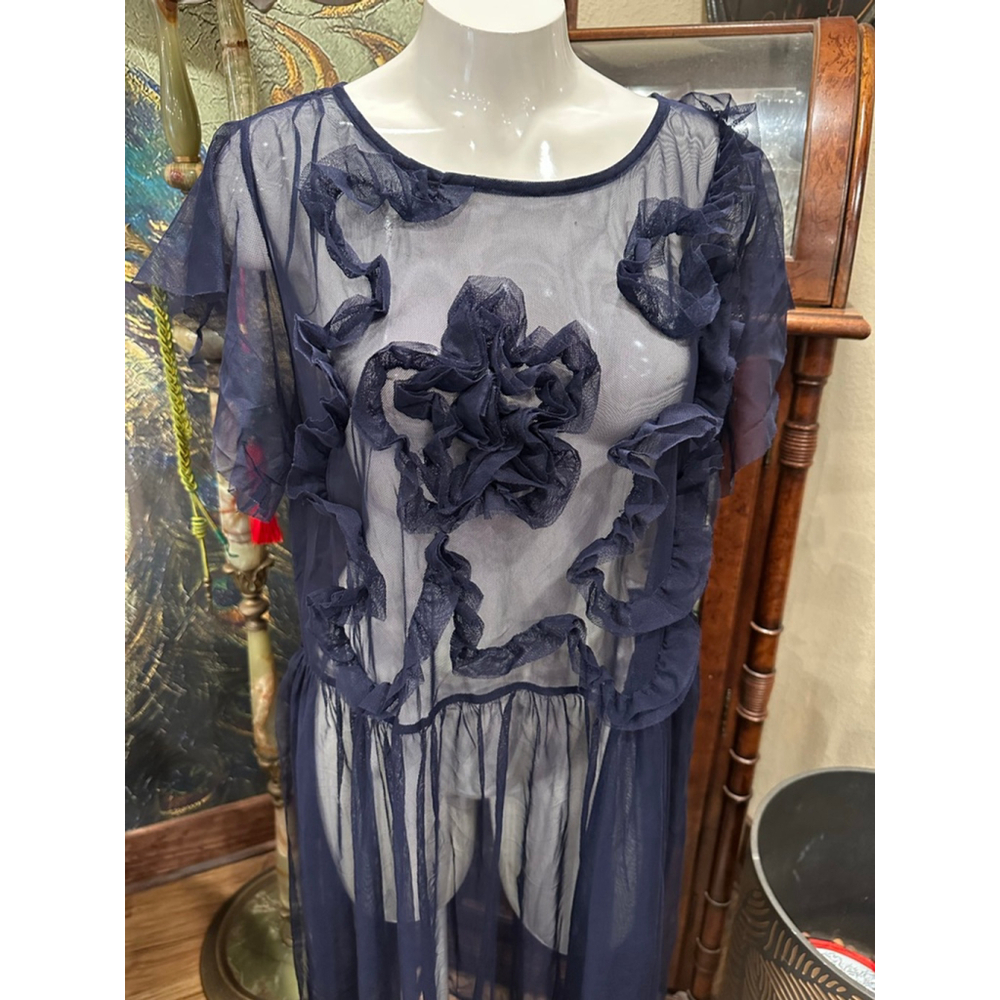 Women's Vince Camuto Navy Sheer Ruffle Dress L - Picture 3 of 8